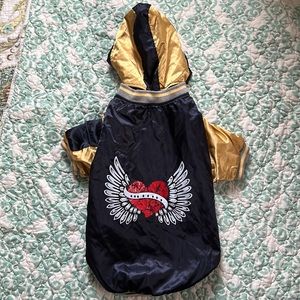 Adorable satin dog bomber jacket with detachable hood, little pockets. Sporty